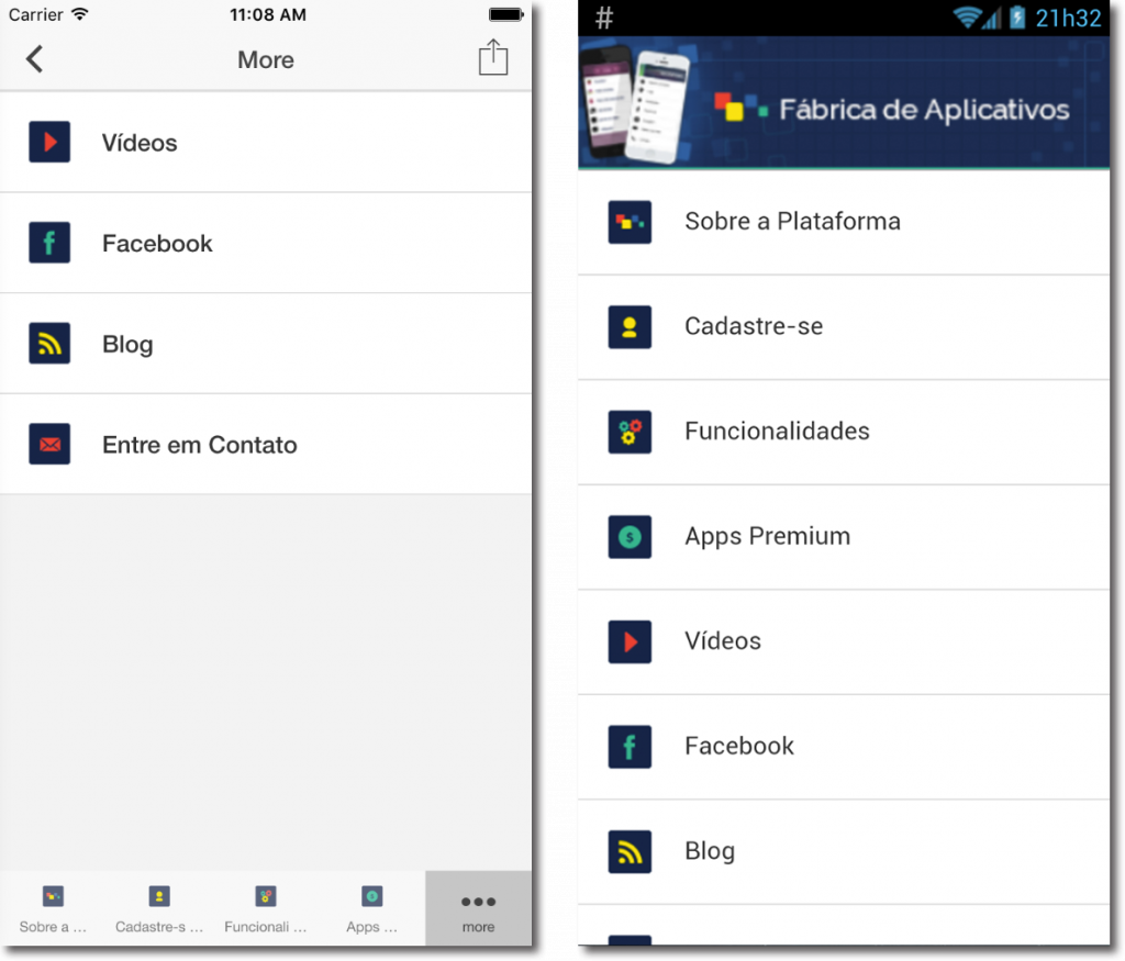 Menu do App no iOS e Android, respectivamente
